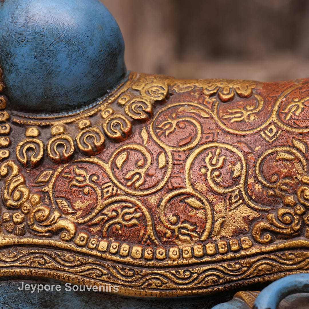 9" Hand-Painted Blue Brass Nandi Statue Spiritual Décor