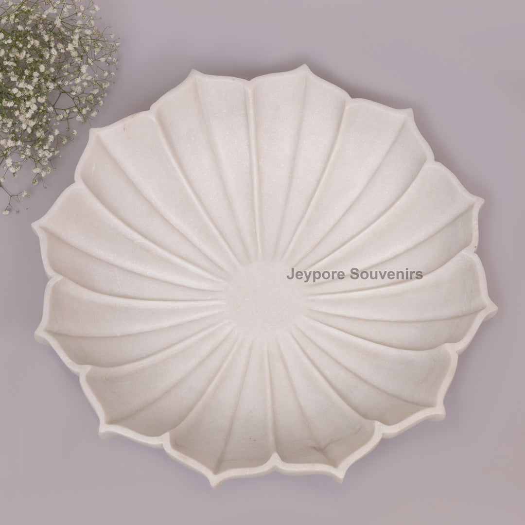 Handcrafted White Marble Lotus Bowl with Fluted Petal Design