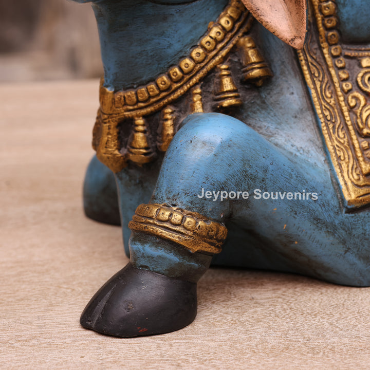 9" Hand-Painted Blue Brass Nandi Statue Spiritual Décor