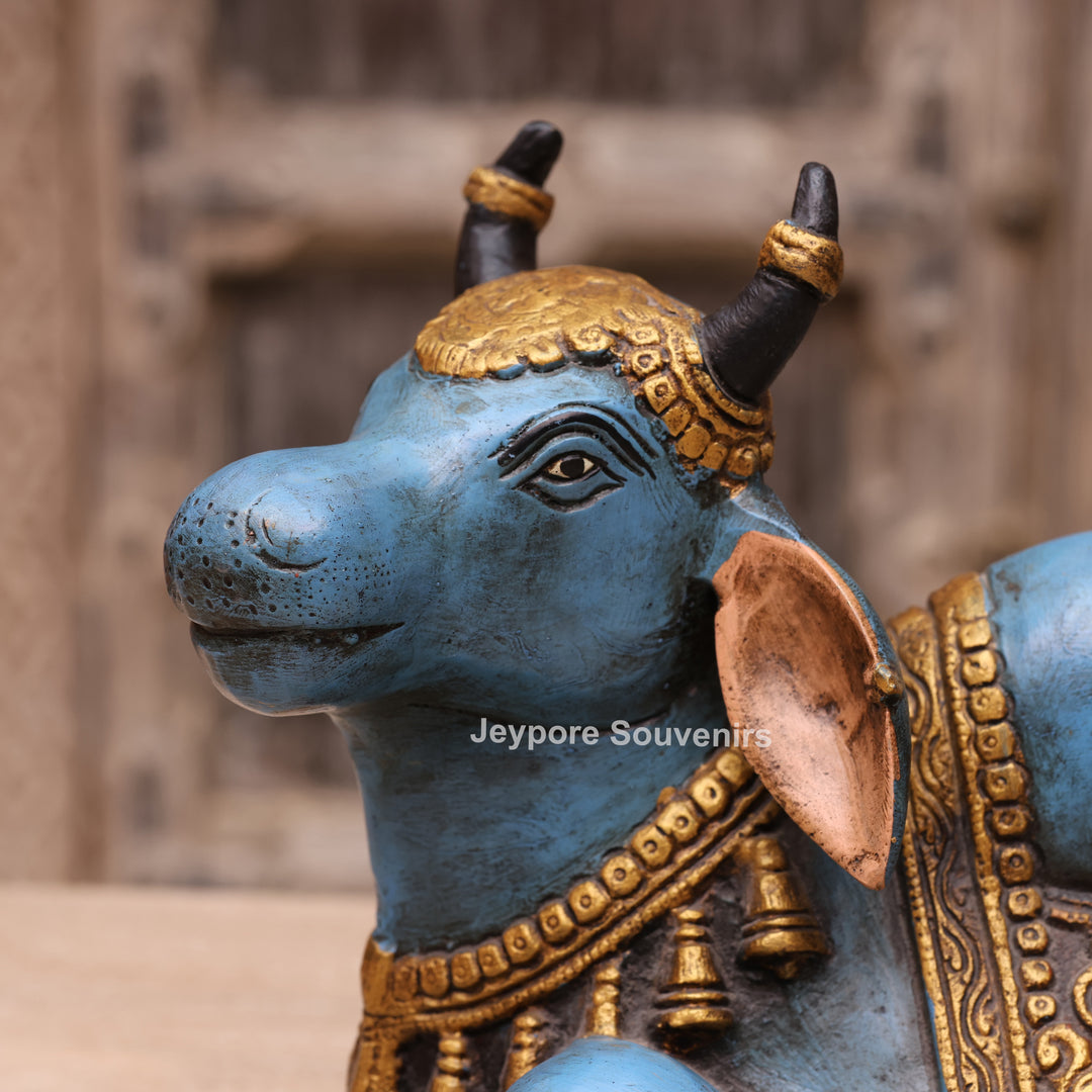 9" Hand-Painted Blue Brass Nandi Statue Spiritual Décor