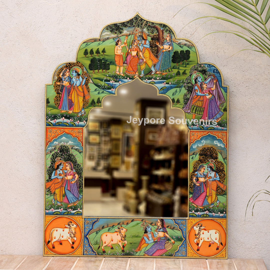 Traditional Hand-Painted Radha Krishna Pichwai Wooden Wall Mirror