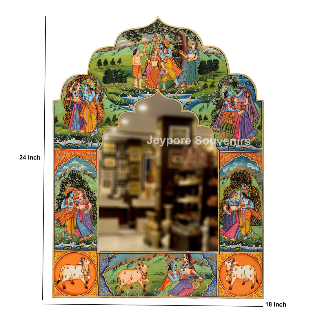 Traditional Hand-Painted Radha Krishna Pichwai Wooden Wall Mirror