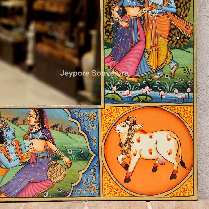 Traditional Hand-Painted Radha Krishna Pichwai Wooden Wall Mirror