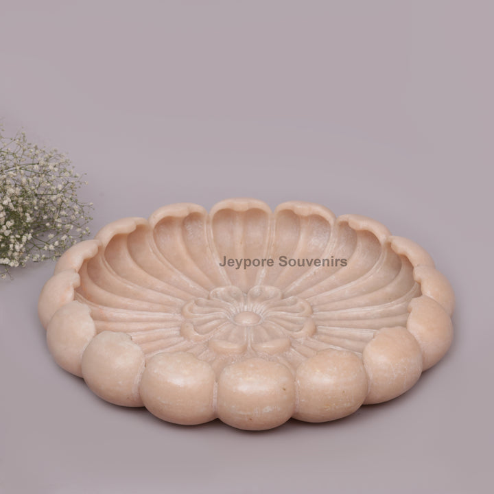 Hand-Carved Round Pinkish-Peach marble Lotus Bowl