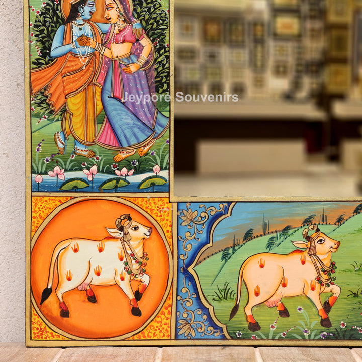 Traditional Hand-Painted Radha Krishna Pichwai Wooden Wall Mirror
