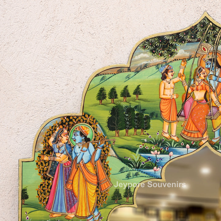 Traditional Hand-Painted Radha Krishna Pichwai Wooden Wall Mirror