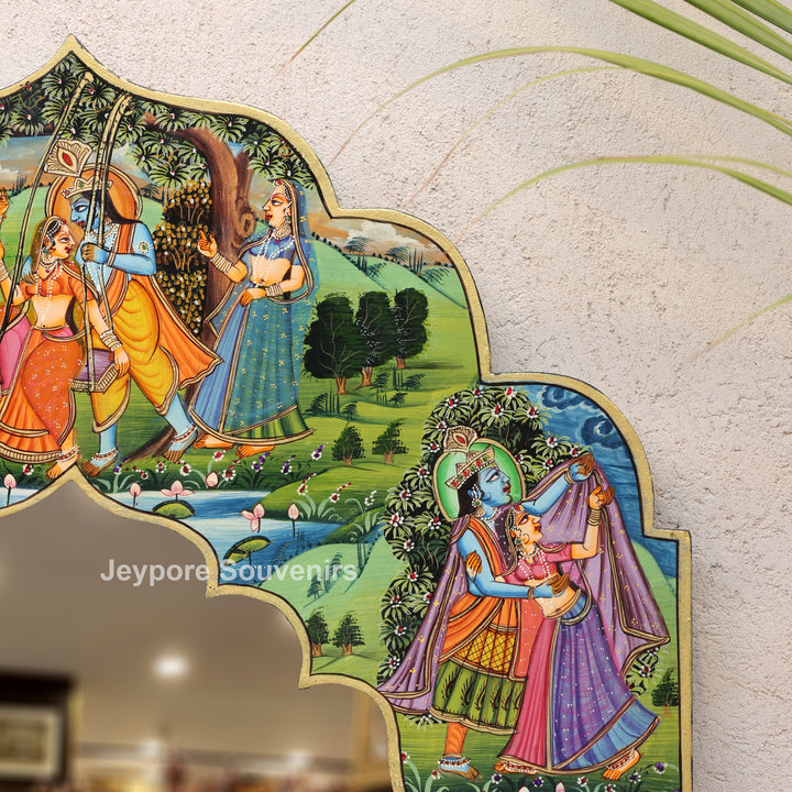 Traditional Hand-Painted Radha Krishna Pichwai Wooden Wall Mirror