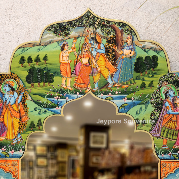 Traditional Hand-Painted Radha Krishna Pichwai Wooden Wall Mirror