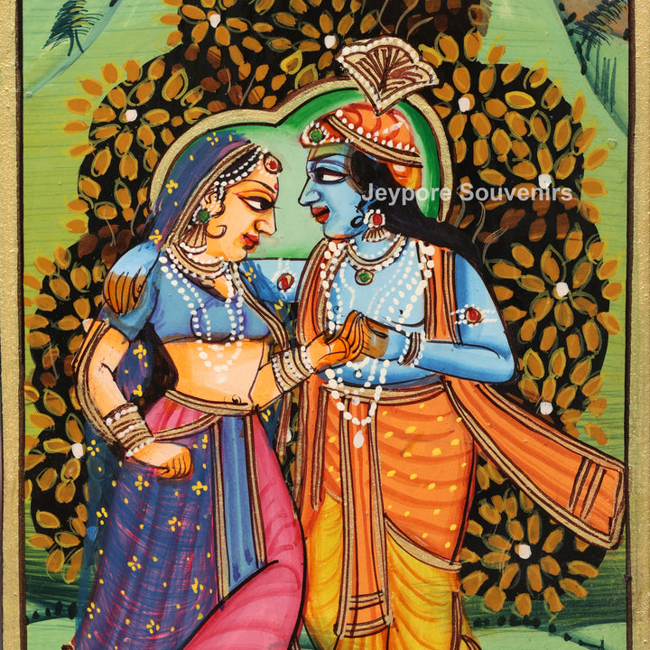 Traditional Hand-Painted Radha Krishna Pichwai Wooden Wall Mirror