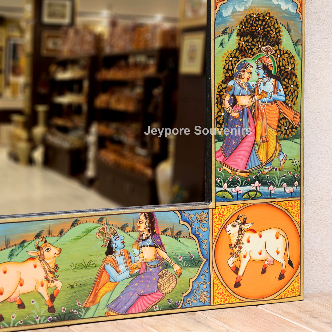 Traditional Hand-Painted Radha Krishna Pichwai Wooden Wall Mirror