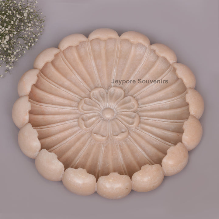 Hand-Carved Round Pinkish-Peach marble Lotus Bowl
