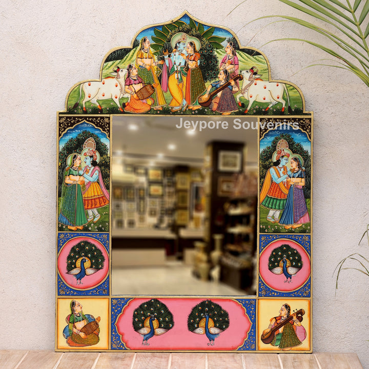 Pichwai Wooden Jharokha Wall Mirror with Radha Krishna &amp; Peacock Motifs