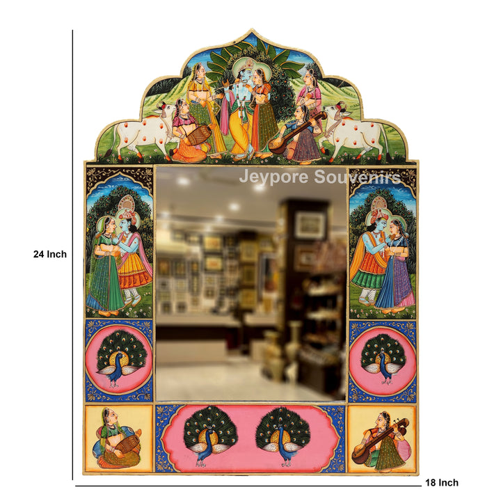 Pichwai Wooden Jharokha Wall Mirror with Radha Krishna &amp; Peacock Motifs