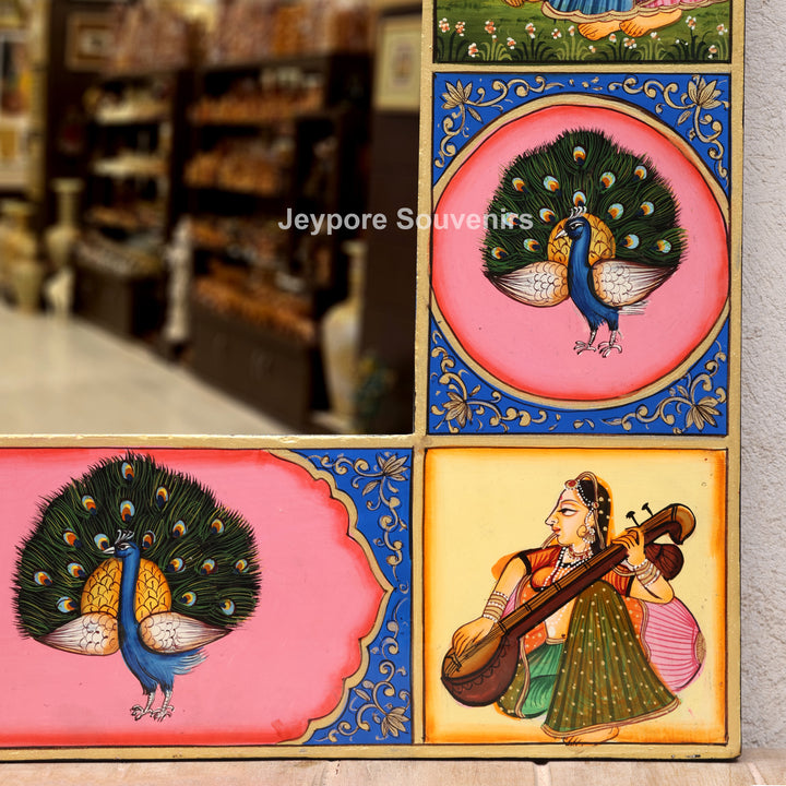 Pichwai Wooden Jharokha Wall Mirror with Radha Krishna &amp; Peacock Motifs
