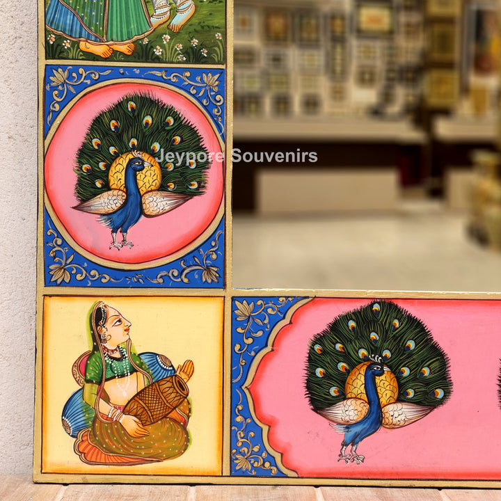 Pichwai Wooden Jharokha Wall Mirror with Radha Krishna &amp; Peacock Motifs