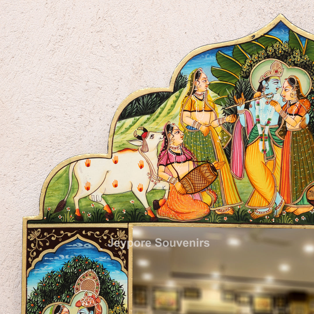 Pichwai Wooden Jharokha Wall Mirror with Radha Krishna &amp; Peacock Motifs