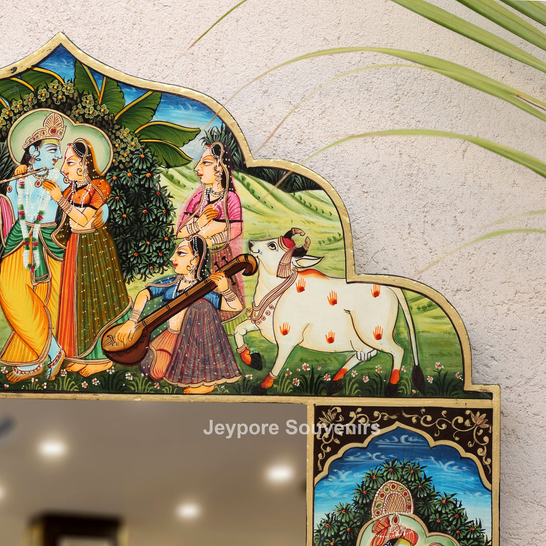 Pichwai Wooden Jharokha Wall Mirror with Radha Krishna &amp; Peacock Motifs