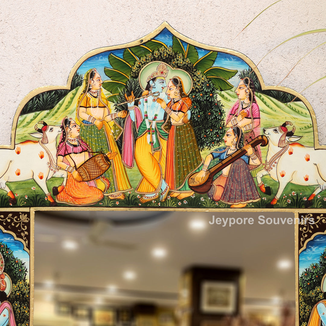 Pichwai Wooden Jharokha Wall Mirror with Radha Krishna &amp; Peacock Motifs