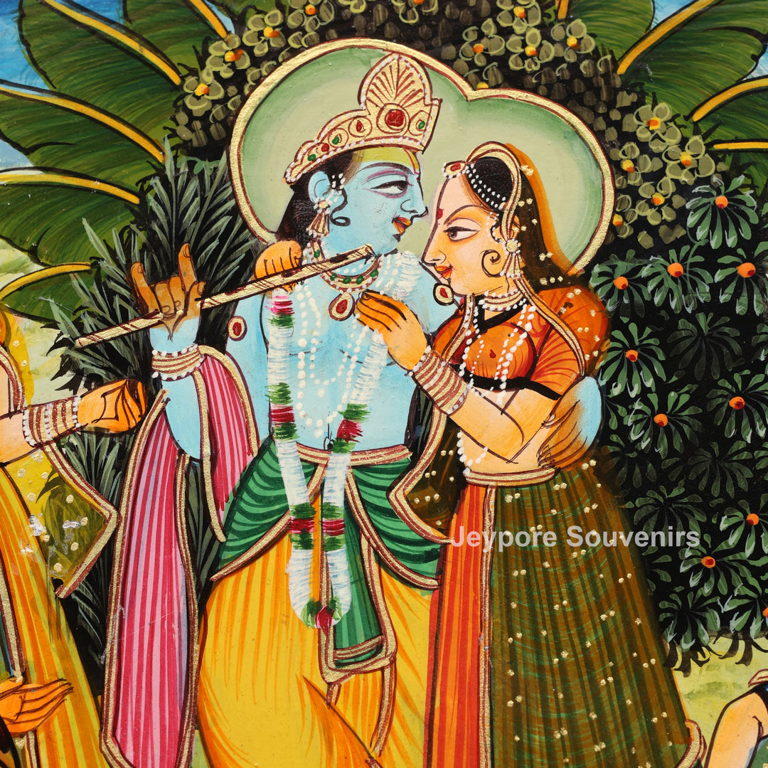 Pichwai Wooden Jharokha Wall Mirror with Radha Krishna &amp; Peacock Motifs