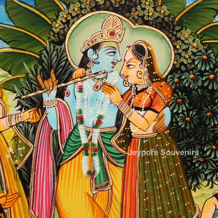 Pichwai Wooden Jharokha Wall Mirror with Radha Krishna &amp; Peacock Motifs