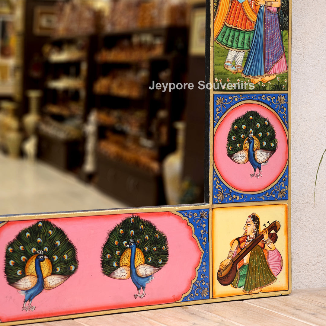 Pichwai Wooden Jharokha Wall Mirror with Radha Krishna &amp; Peacock Motifs