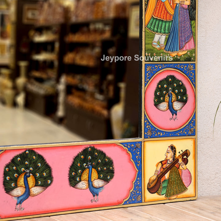 Pichwai Wooden Jharokha Wall Mirror with Radha Krishna &amp; Peacock Motifs