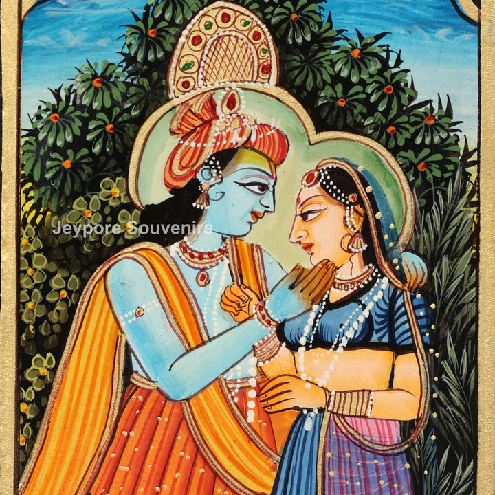 Pichwai Wooden Jharokha Wall Mirror with Radha Krishna &amp; Peacock Motifs