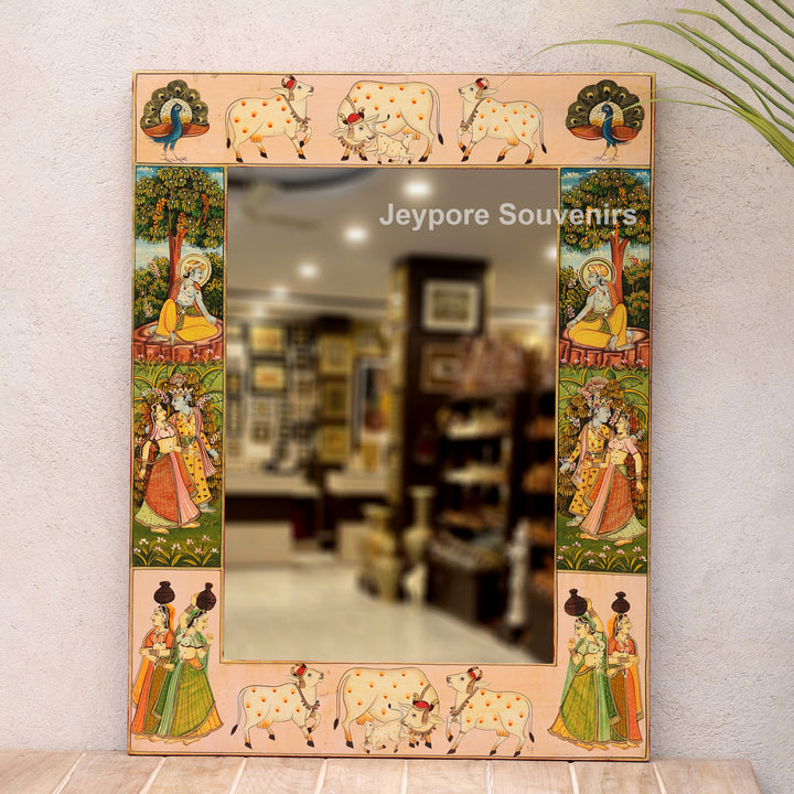 Hand Painted Radha Krishna Wooden Jharokha Wall Mirror with Cow &amp; Peacock Motifs