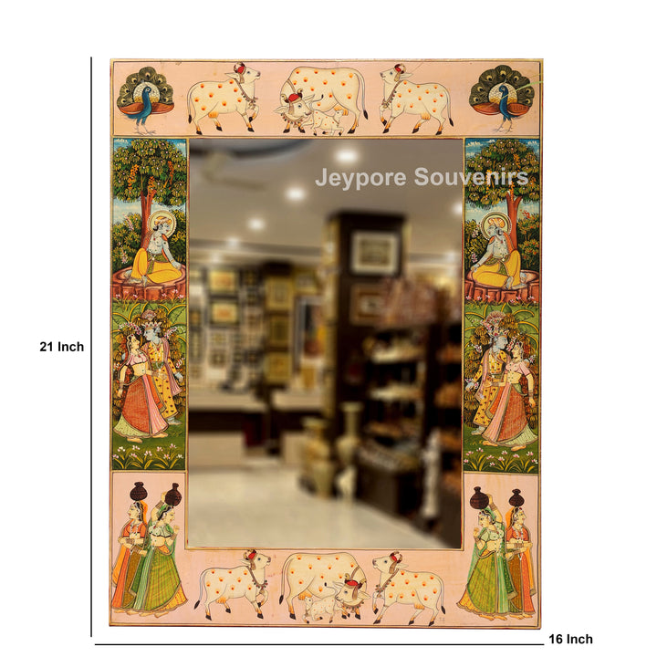 Hand Painted Radha Krishna Wooden Jharokha Wall Mirror with Cow &amp; Peacock Motifs
