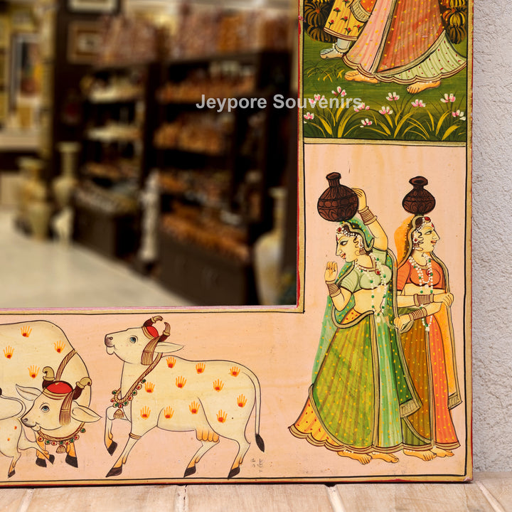 Hand Painted Radha Krishna Wooden Jharokha Wall Mirror with Cow &amp; Peacock Motifs