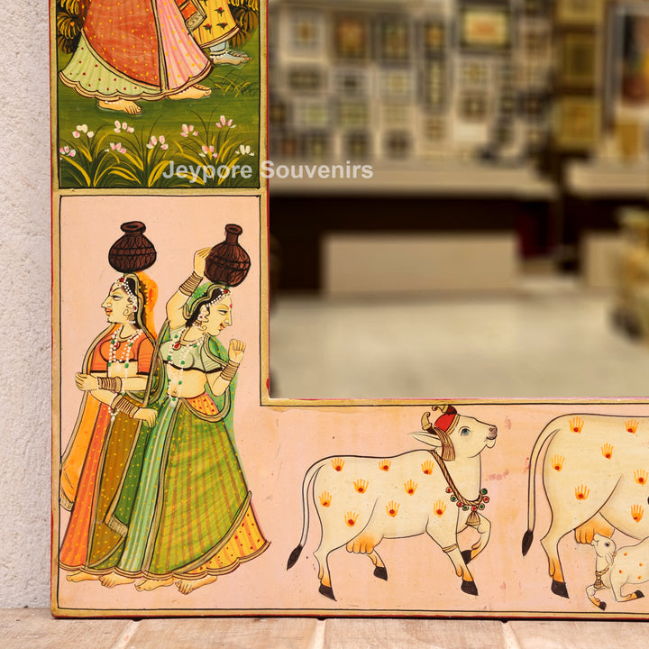 Hand Painted Radha Krishna Wooden Jharokha Wall Mirror with Cow &amp; Peacock Motifs