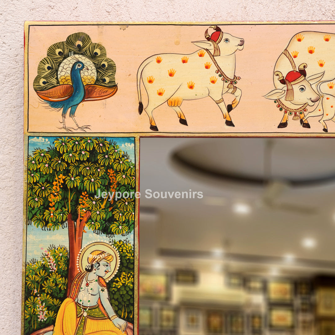 Hand Painted Radha Krishna Wooden Jharokha Wall Mirror with Cow &amp; Peacock Motifs
