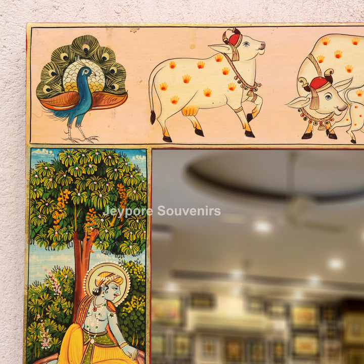 Hand Painted Radha Krishna Wooden Jharokha Wall Mirror with Cow &amp; Peacock Motifs