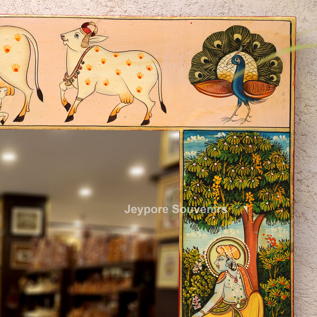 Hand Painted Radha Krishna Wooden Jharokha Wall Mirror with Cow &amp; Peacock Motifs
