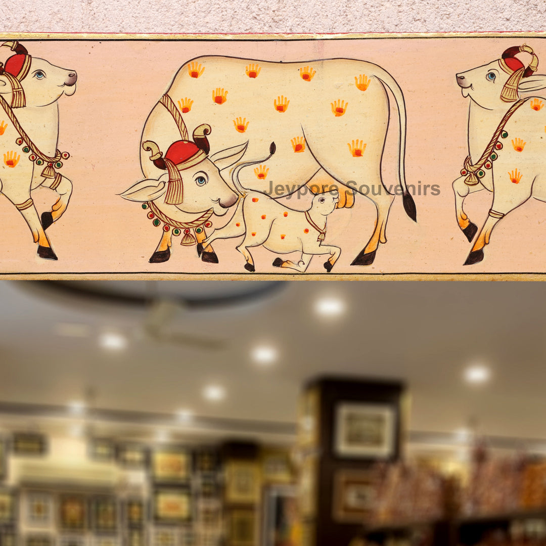 Hand Painted Radha Krishna Wooden Jharokha Wall Mirror with Cow &amp; Peacock Motifs