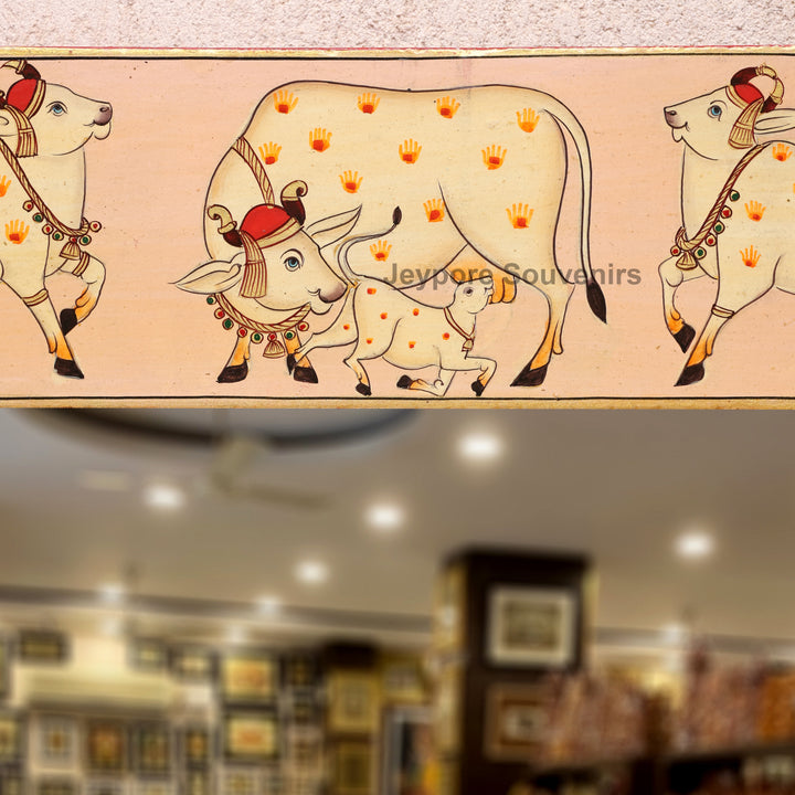 Hand Painted Radha Krishna Wooden Jharokha Wall Mirror with Cow &amp; Peacock Motifs