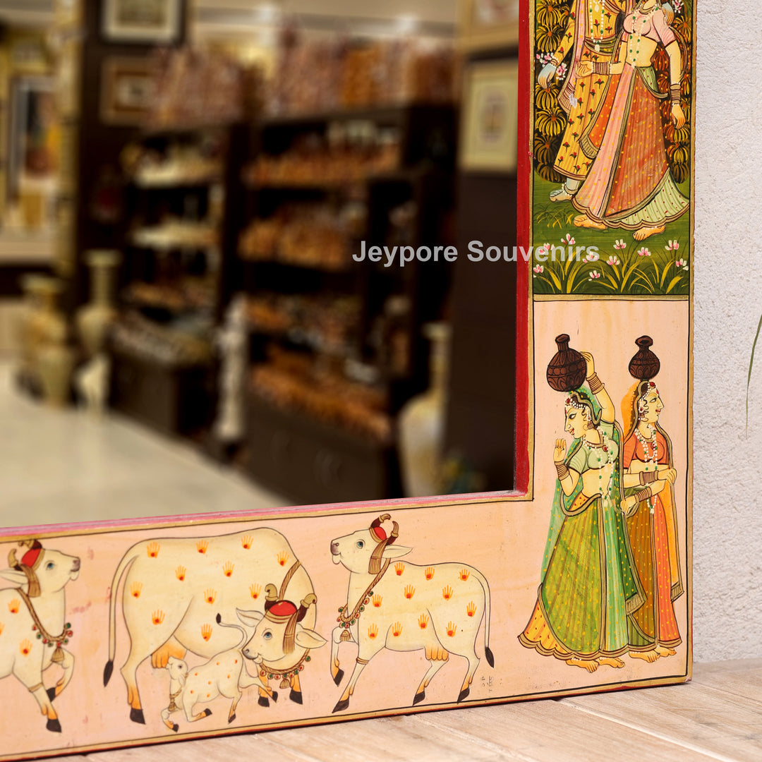 Hand Painted Radha Krishna Wooden Jharokha Wall Mirror with Cow &amp; Peacock Motifs