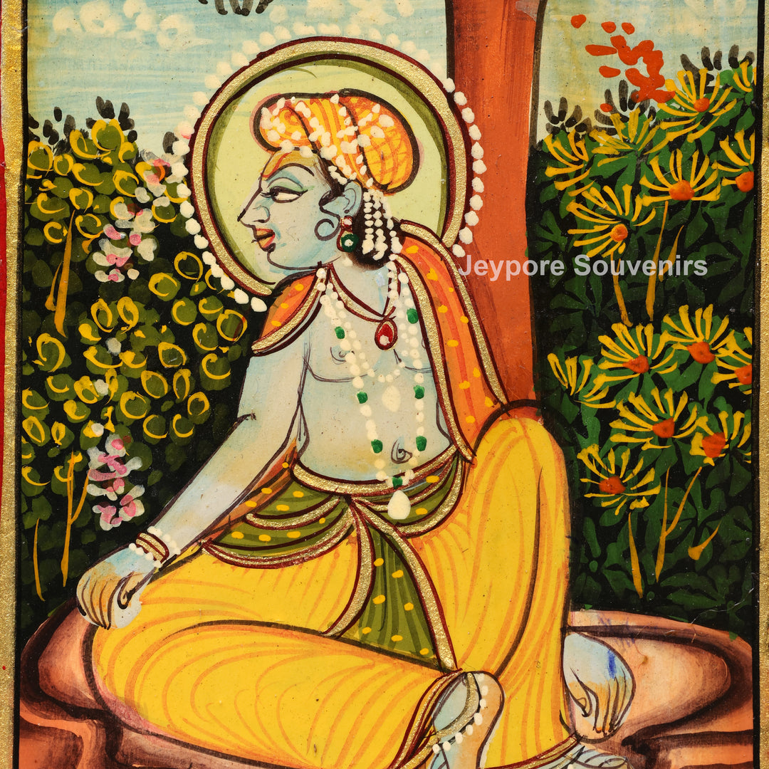 Hand Painted Radha Krishna Wooden Jharokha Wall Mirror with Cow &amp; Peacock Motifs