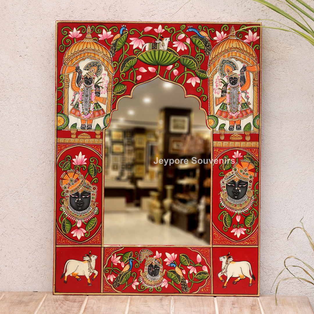 Hand-Painted Shrinathji Pichwai Wooden Jharokha Wall Mirror with Cow Motifs