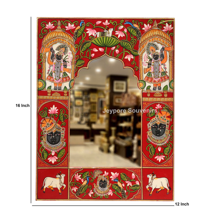Hand-Painted Shrinathji Pichwai Wooden Jharokha Wall Mirror with Cow Motifs
