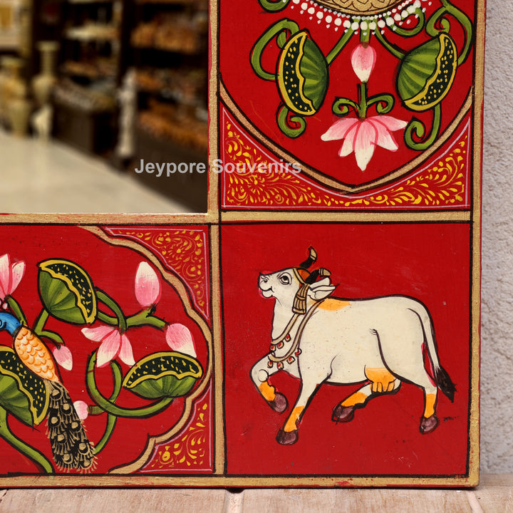 Hand-Painted Shrinathji Pichwai Wooden Jharokha Wall Mirror with Cow Motifs