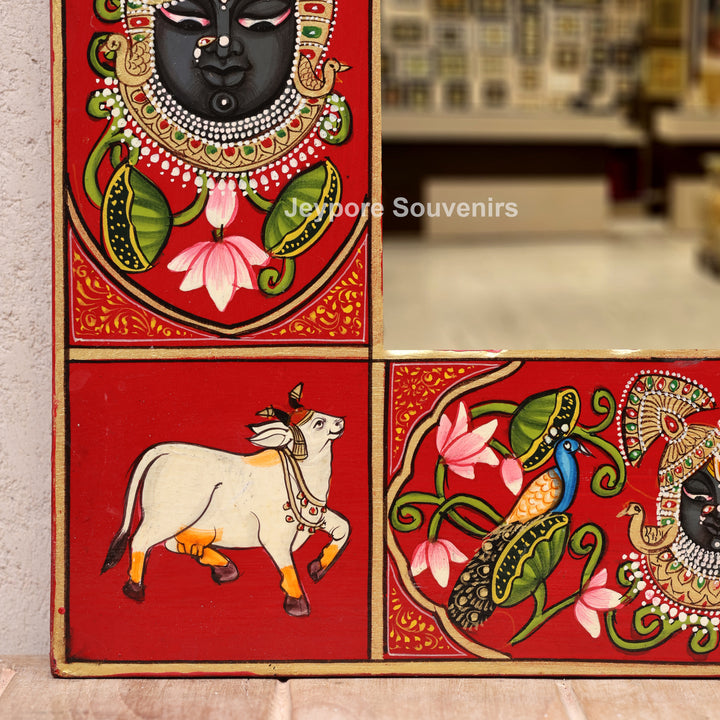 Hand-Painted Shrinathji Pichwai Wooden Jharokha Wall Mirror with Cow Motifs