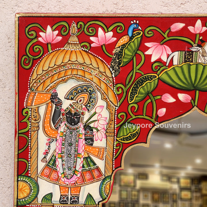 Hand-Painted Shrinathji Pichwai Wooden Jharokha Wall Mirror with Cow Motifs