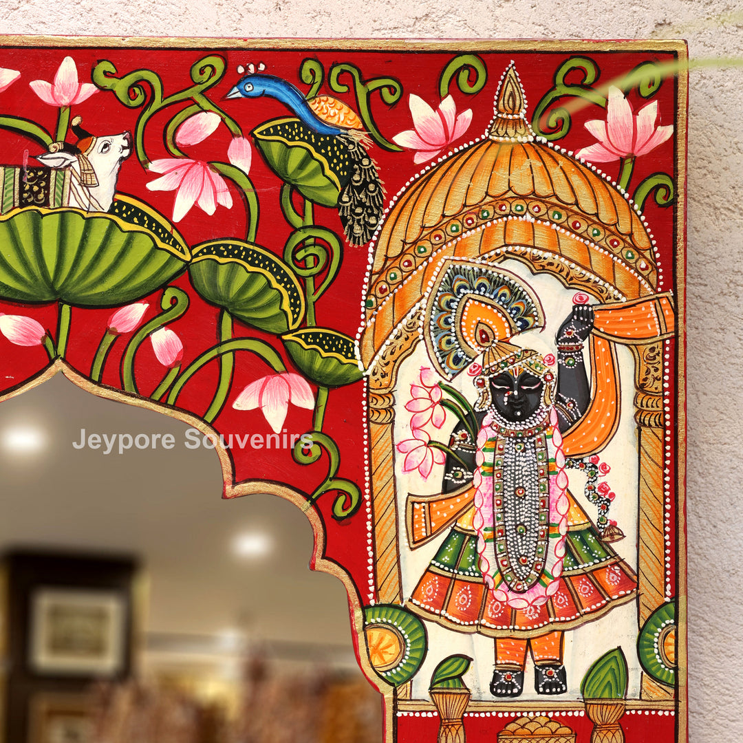 Hand-Painted Shrinathji Pichwai Wooden Jharokha Wall Mirror with Cow Motifs