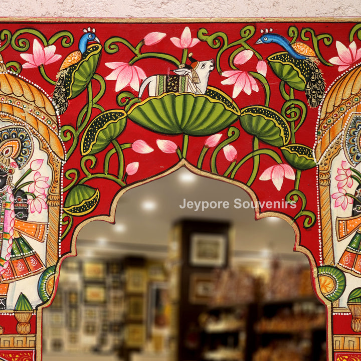 Hand-Painted Shrinathji Pichwai Wooden Jharokha Wall Mirror with Cow Motifs
