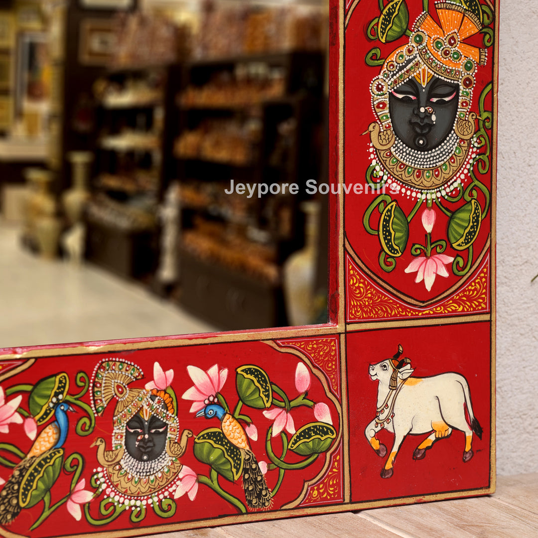 Hand-Painted Shrinathji Pichwai Wooden Jharokha Wall Mirror with Cow Motifs