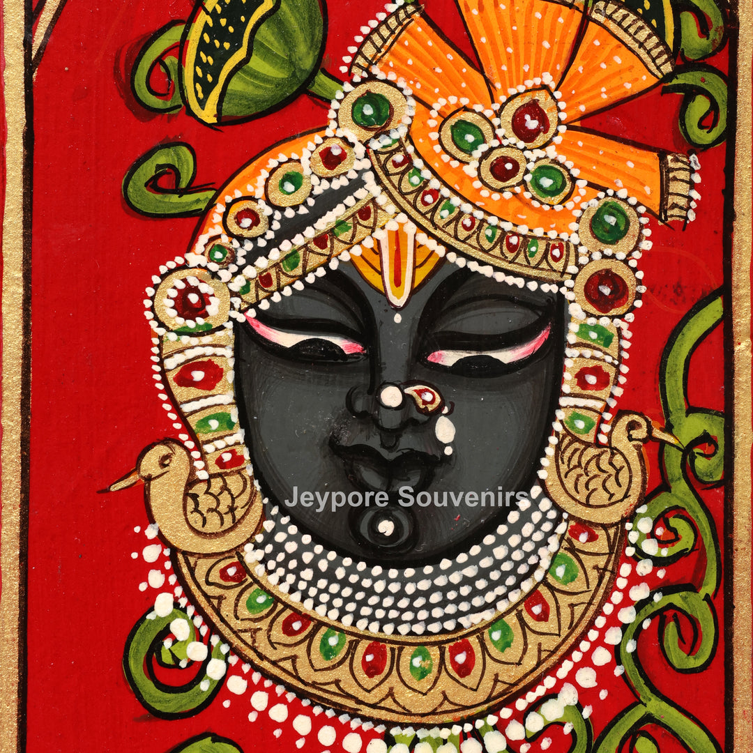 Hand-Painted Shrinathji Pichwai Wooden Jharokha Wall Mirror with Cow Motifs