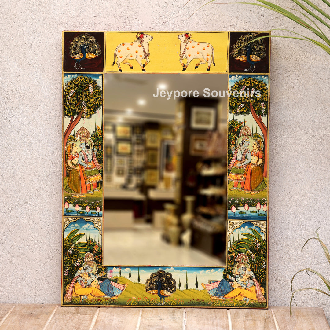 Hand-Painted Radha Krishna Pichwai Wooden Wall Mirror