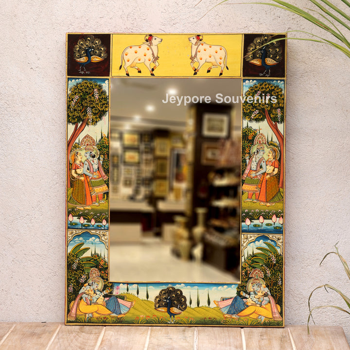 Hand-Painted Radha Krishna Pichwai Wooden Wall Mirror