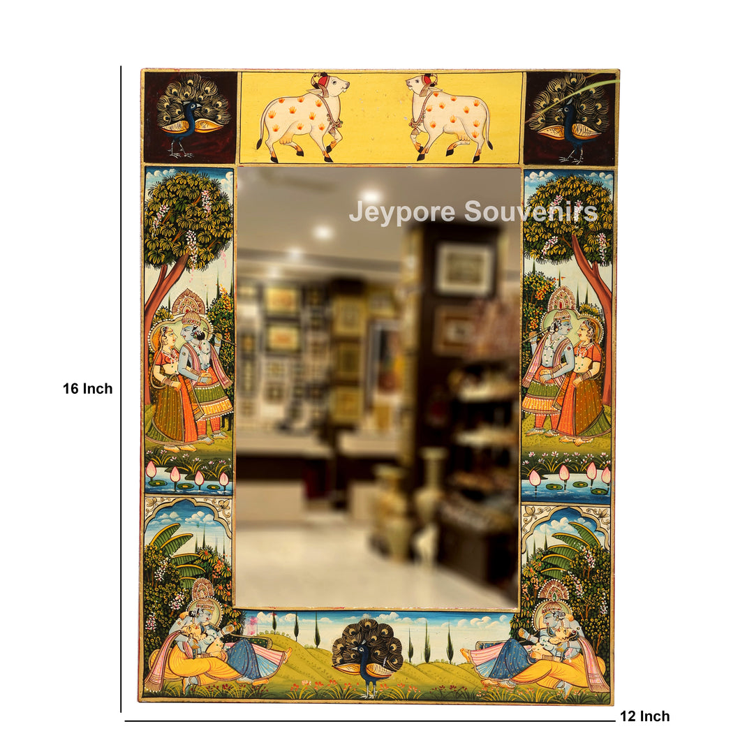 Hand-Painted Radha Krishna Pichwai Wooden Wall Mirror